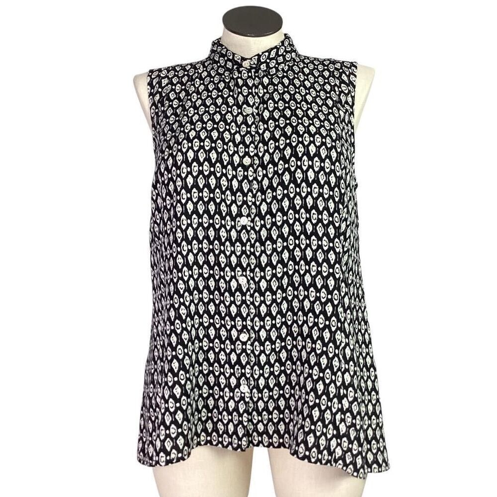 J Jill Top Women LP Petite Black White Ivory Geometric Sleeveless Button Tunic